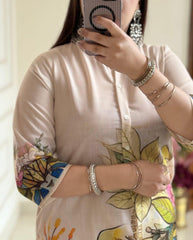 Women Cream Lilan Cotton Digital Print Flowers Co-Ord set