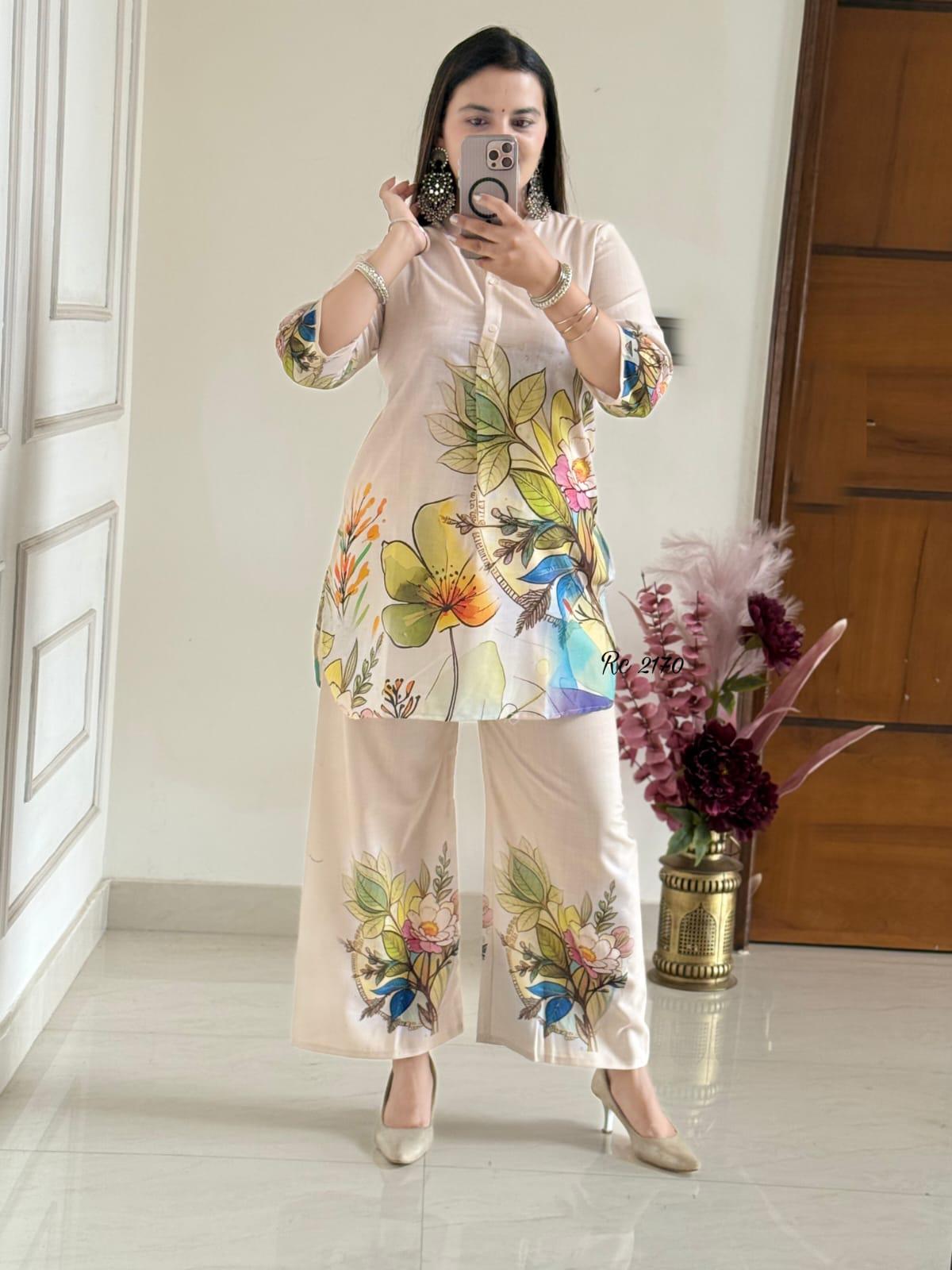 Women Cream Lilan Cotton Digital Print Flowers Co-Ord set
