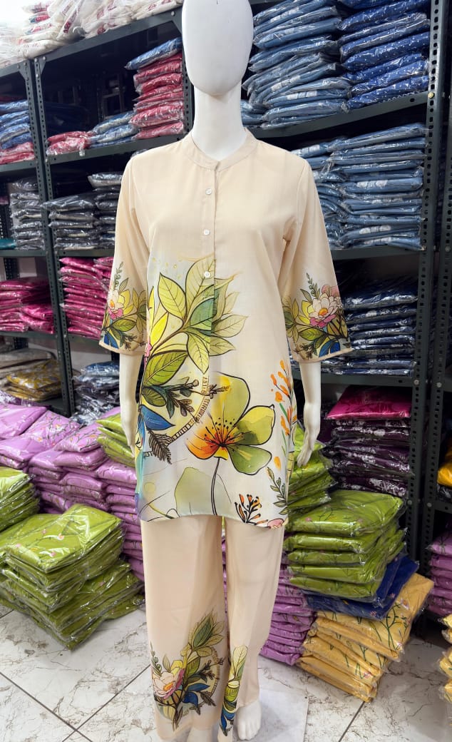 Women Cream Lilan Cotton Digital Print Flowers Co-Ord set