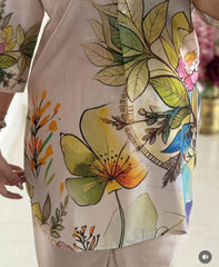Women Cream Lilan Cotton Digital Print Flowers Co-Ord set
