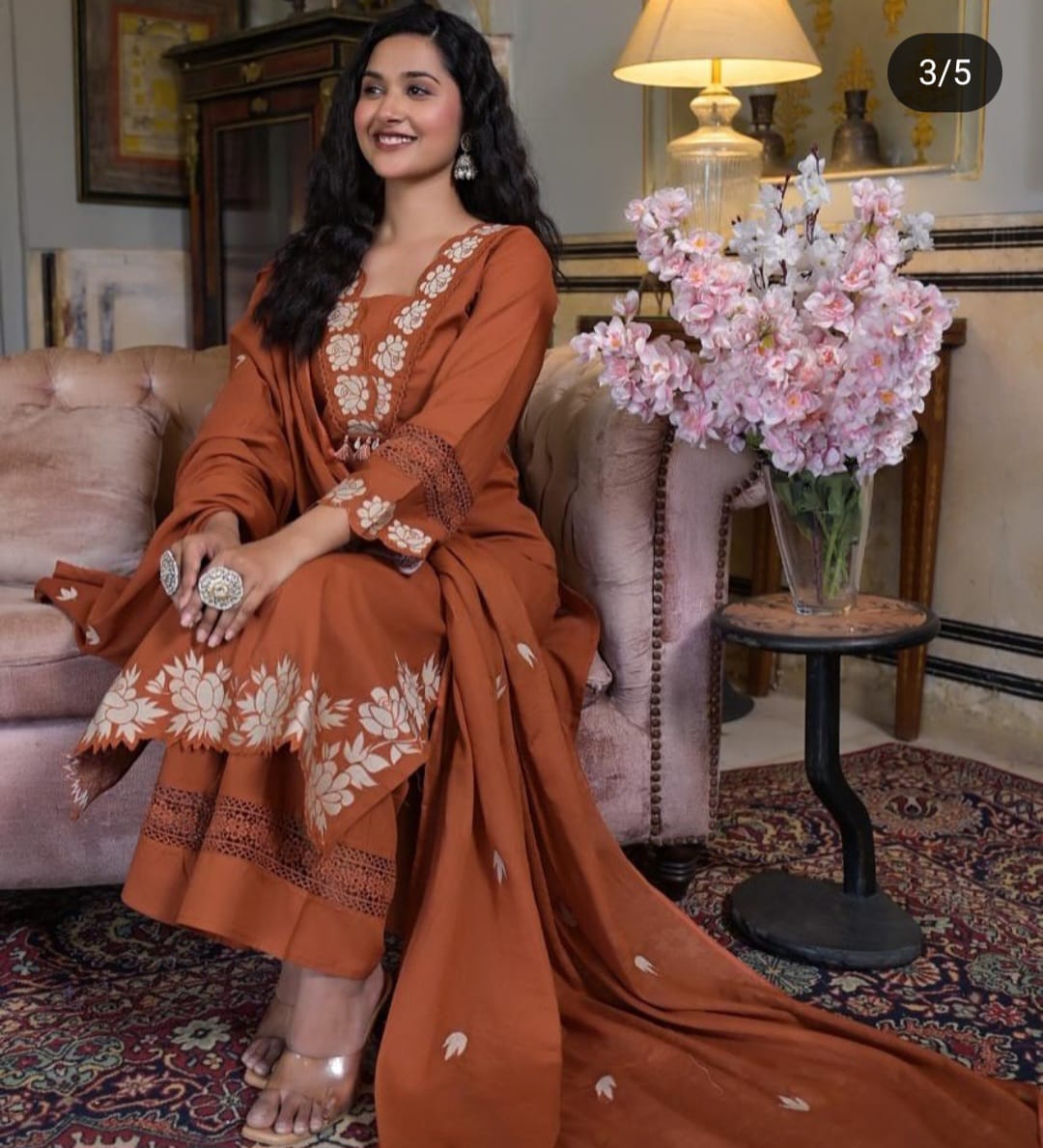 Women Rust Cotton Embroidery GPO Lace Kurta Pant and Dupatta set