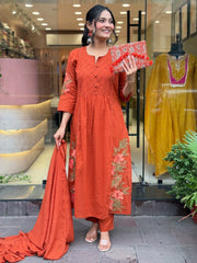Women Orange Cotton Dreamy Embroidery Kurta Pant and Dupatta set