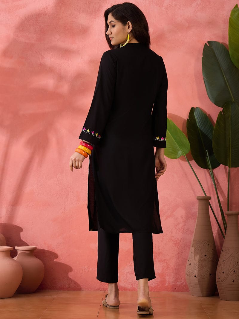 Women Black Cotton Embroidery Pocket Kurta Pant set
