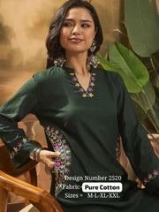 Women Green Cotton Embroidery Pocket Kurta Pant set