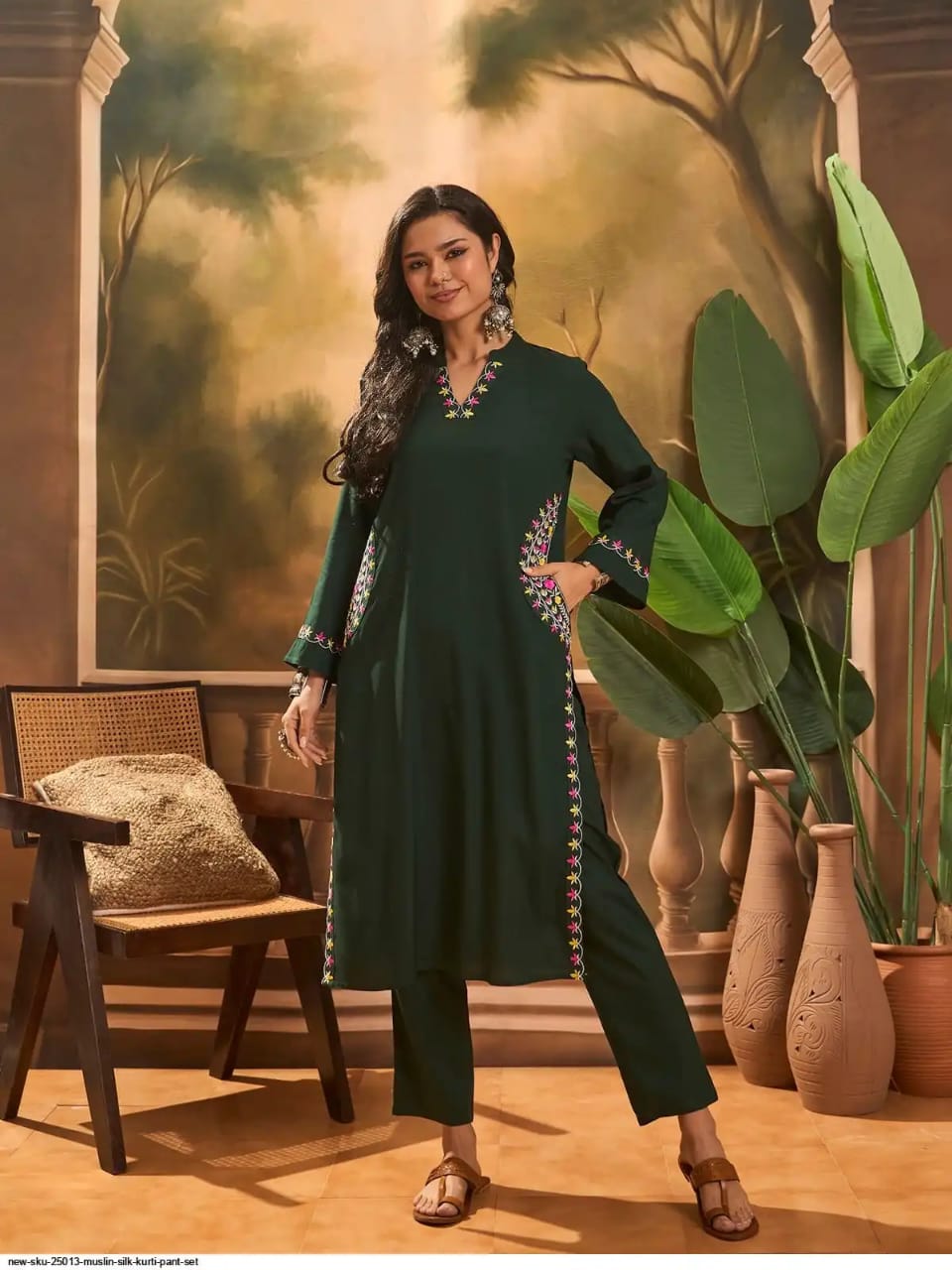 Women Green Cotton Embroidery Pocket Kurta Pant set