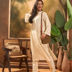 Women Cream Cotton Embroidery Pocket Kurta Pant set