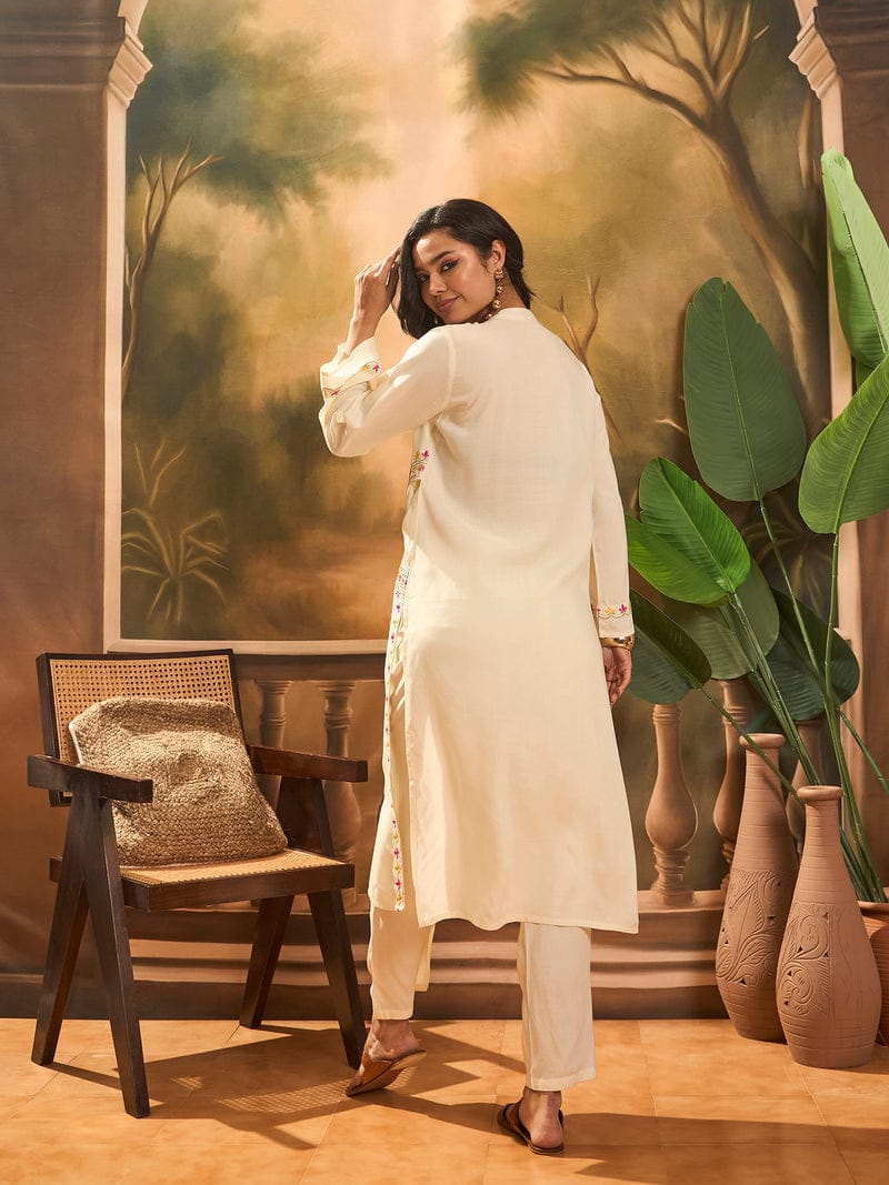 Women Cream Cotton Embroidery Pocket Kurta Pant set