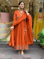 Women Orange Cotton Angrakha Kurta Pant and Dupatta set