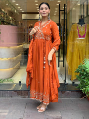 Women Orange Cotton Angrakha Kurta Pant and Dupatta set