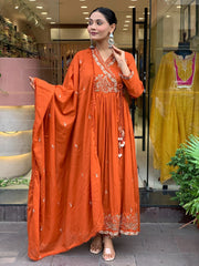 Women Orange Cotton Angrakha Kurta Pant and Dupatta set