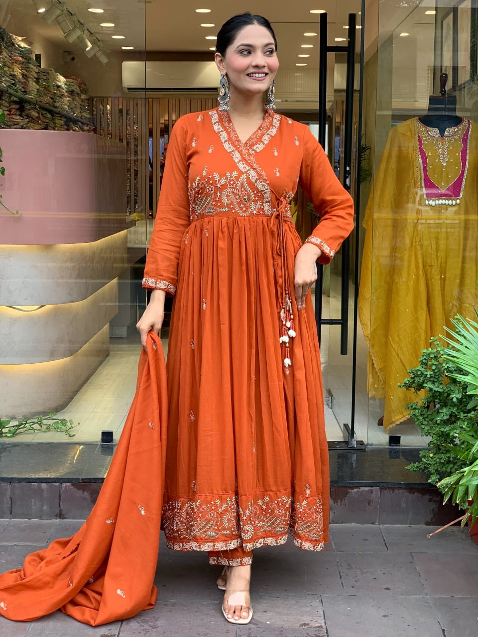 Women Orange Cotton Angrakha Kurta Pant and Dupatta set Sugamdha Women Orange Cotton Angrakha Kurta Pant and Dupatta set Sugamdha