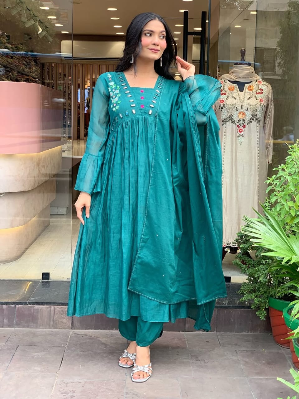Women Teal Blue Cotton Embroidery Kurta Pant and Dupatta set