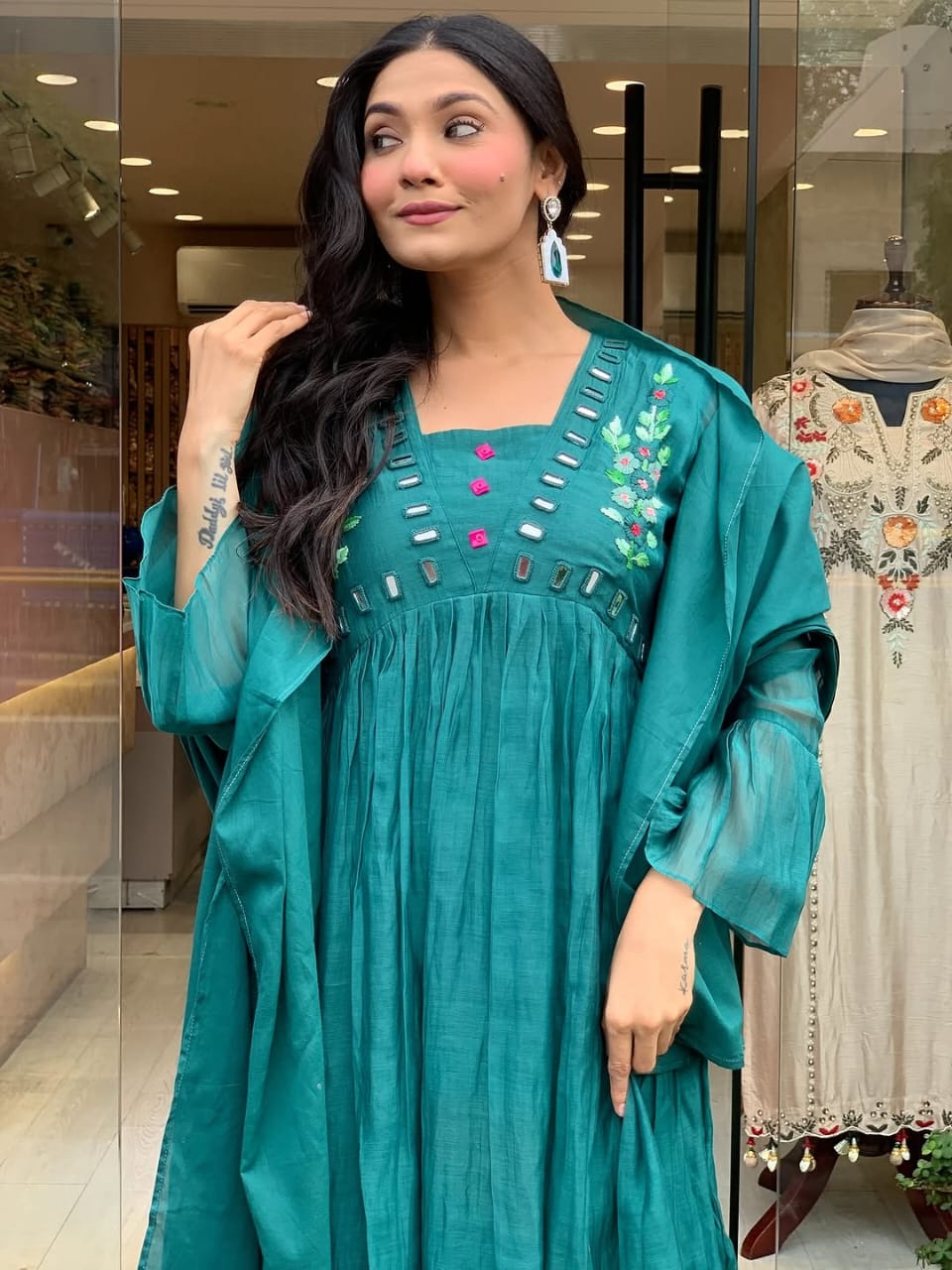 Women Teal Blue Cotton Embroidery Kurta Pant and Dupatta set