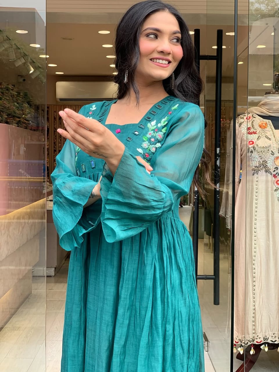 Women Teal Blue Cotton Embroidery Kurta Pant and Dupatta set