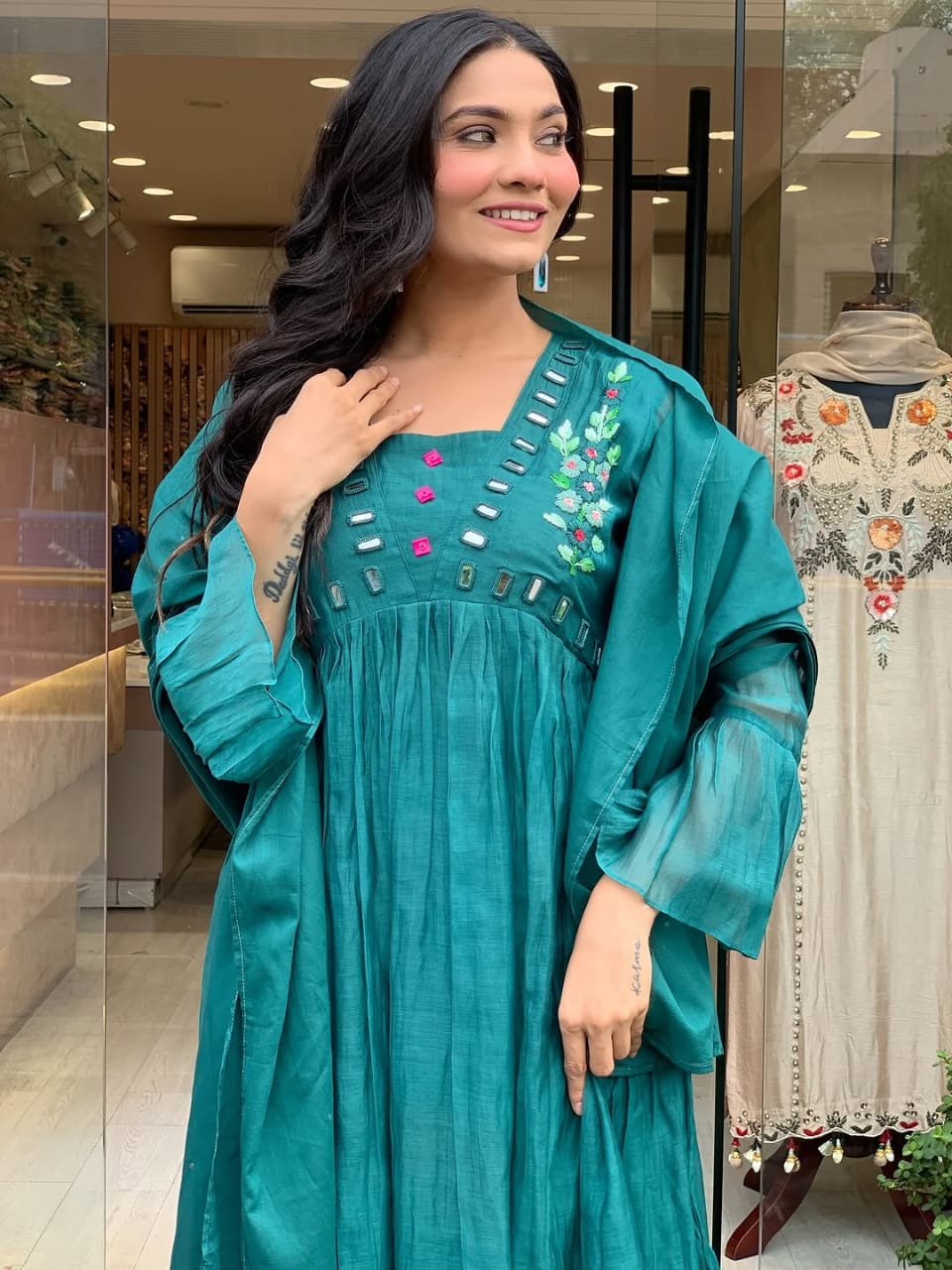 Women Teal Blue Cotton Embroidery Kurta Pant and Dupatta set