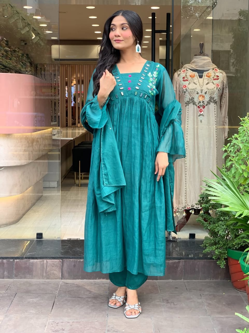 Women Teal Blue Cotton Embroidery Kurta Pant and Dupatta set