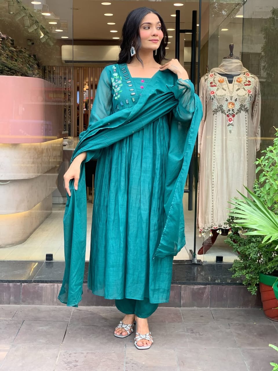 Women Teal Blue Cotton Embroidery Kurta Pant and Dupatta set