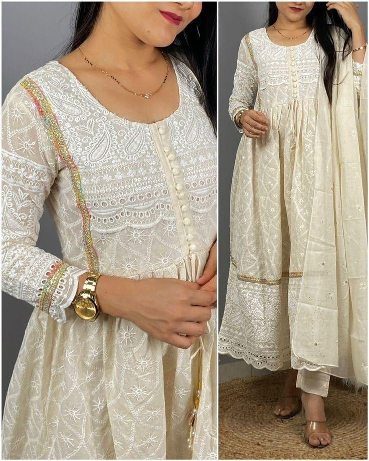 Women White Cotton Chikankari Kurta Pant and Dupatta set