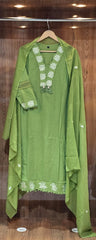 Women Green Cotton Embroidery GPO Lace Kurta Pant and Dupatta set