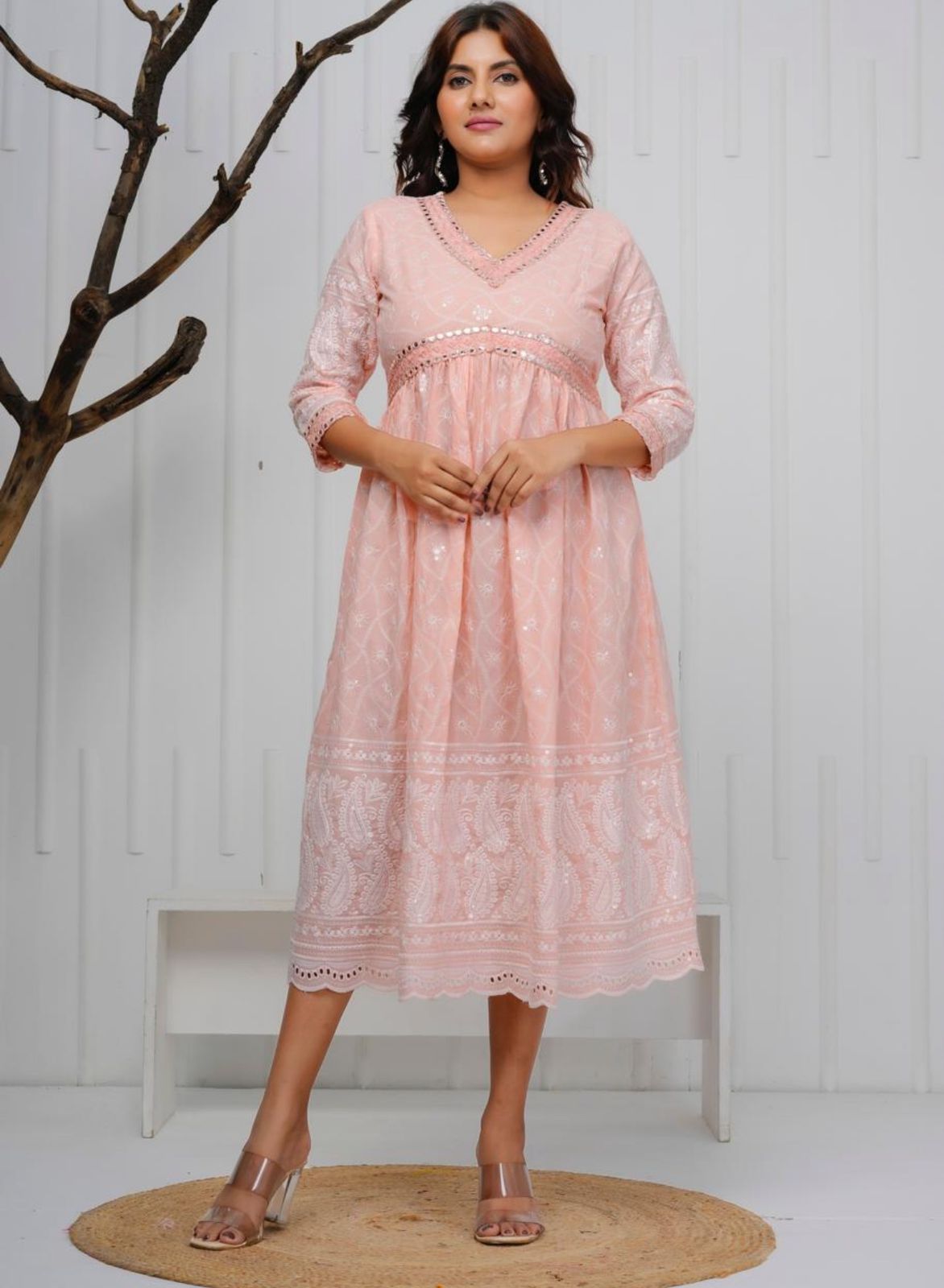 Women Shade of Pink Cotton Chikankari Middi Gown