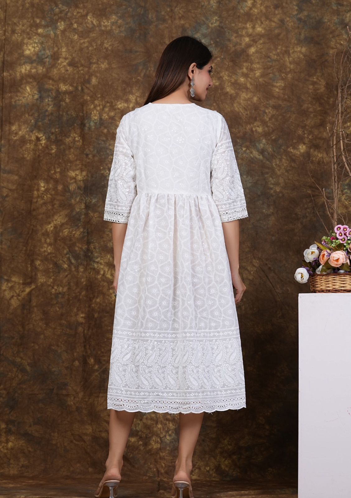 Women White Cotton Chikankari Gown