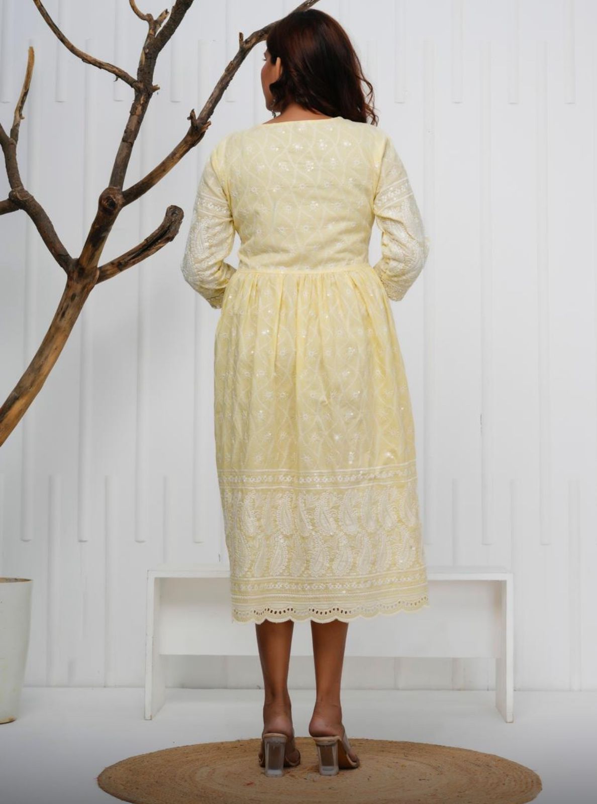 Women Pale Yellow Cotton Chikankari Gown