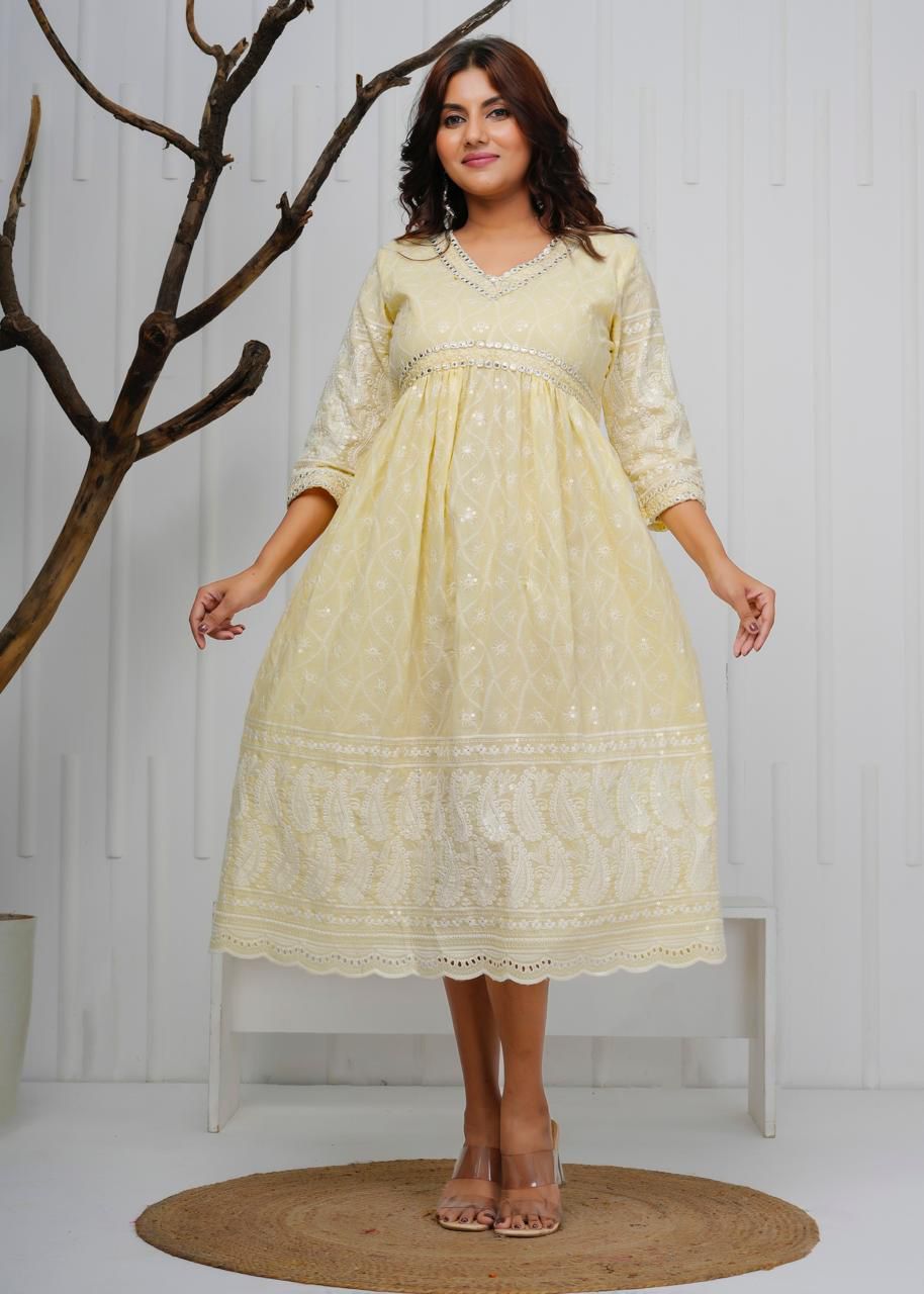 Women Pale Yellow Cotton Chikankari Gown