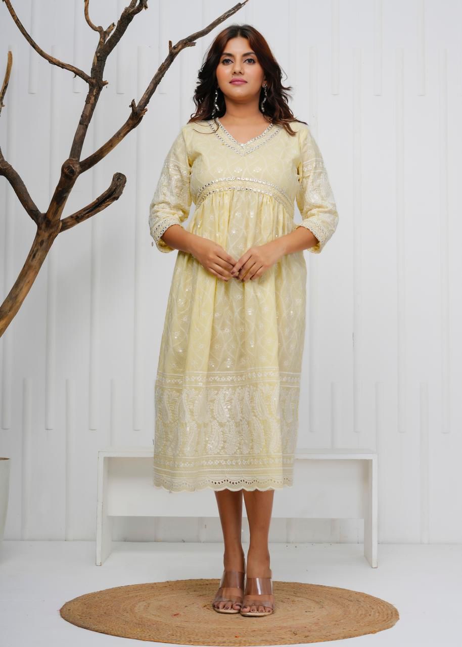 Women Pale Yellow Cotton Chikankari Gown