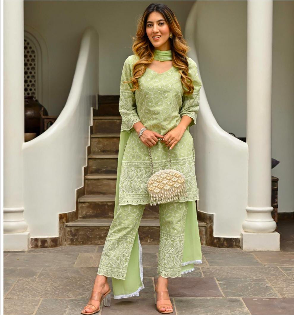Women Light Green Cotton Chikankari Kurta Pant and Dupatta set