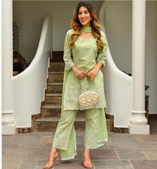 Women Light Green Cotton Chikankari Kurta Pant and Dupatta set