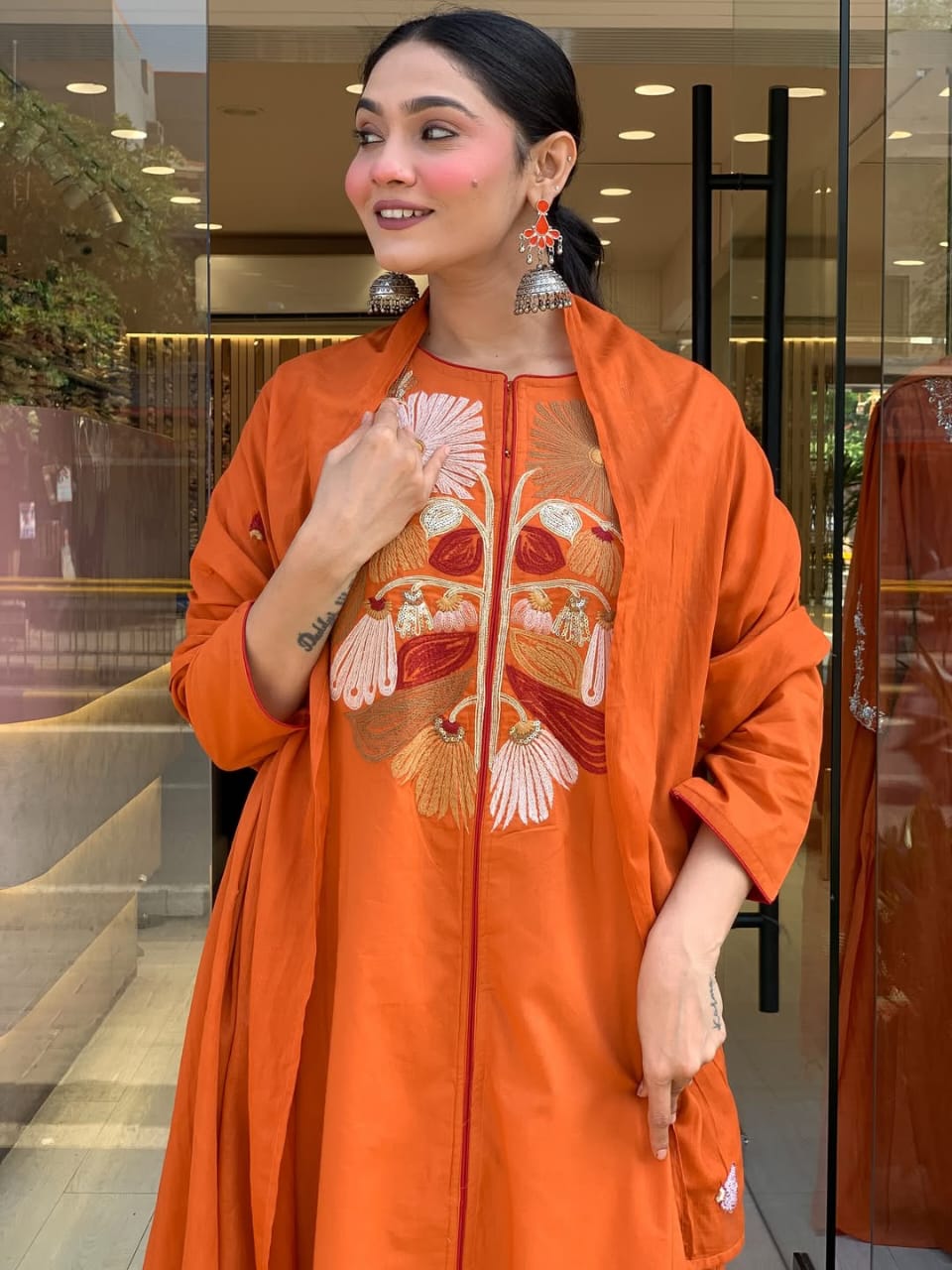 Women Orange Cotton Embroidery Yoke Kurta Pant and Mulmul Dupatta set