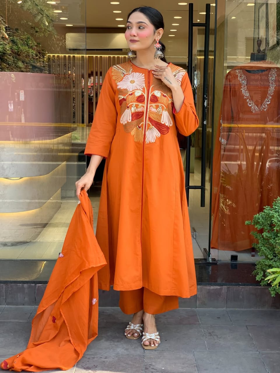 Women Orange Cotton Embroidery Yoke Kurta Pant and Mulmul Dupatta set