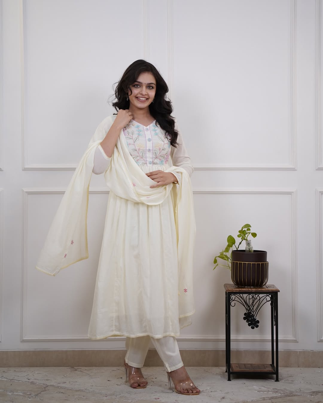 Women White Premium Cotton Embroidery Kurta Pant and Mulmul Dupatta set