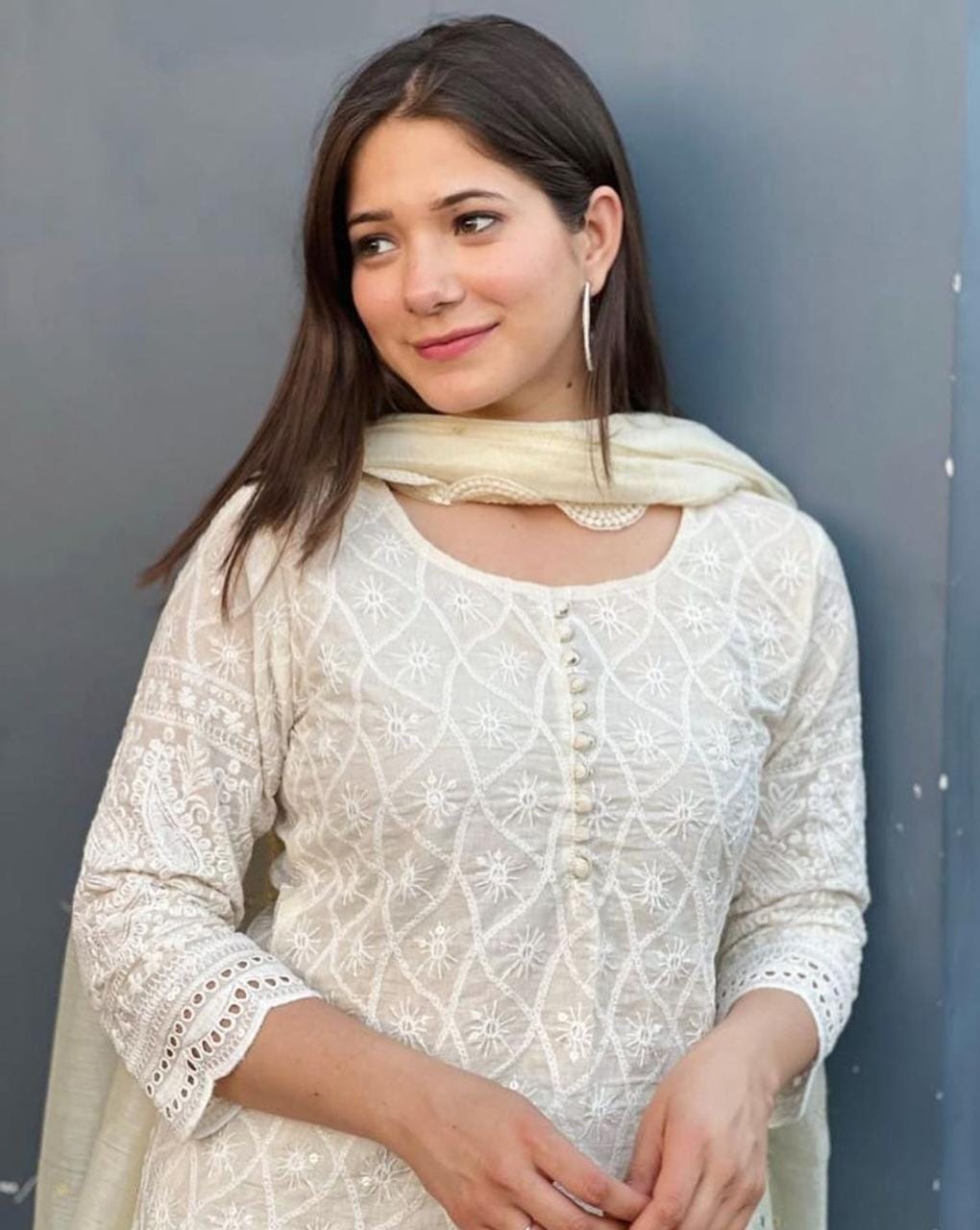Premium Women Cream Cotton Chikankari Kurta Pant and Dupatta set