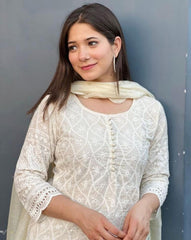 Premium Women Cream Cotton Chikankari Kurta Pant and Dupatta set