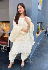 Premium Women Cream Cotton Chikankari Kurta Pant and Dupatta set