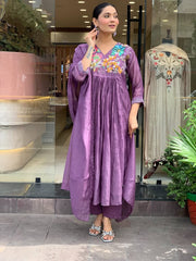 Women Purple Cotton Embroidery Hand work Detailing Kurta Pant and Dupatta set