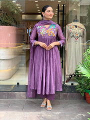 Women Purple Cotton Embroidery Hand work Detailing Kurta Pant and Dupatta set