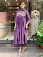 Women Purple Cotton Embroidery Hand work Detailing Kurta Pant and Dupatta set