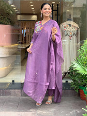 Women Purple Cotton Embroidery Hand work Detailing Kurta Pant and Dupatta set