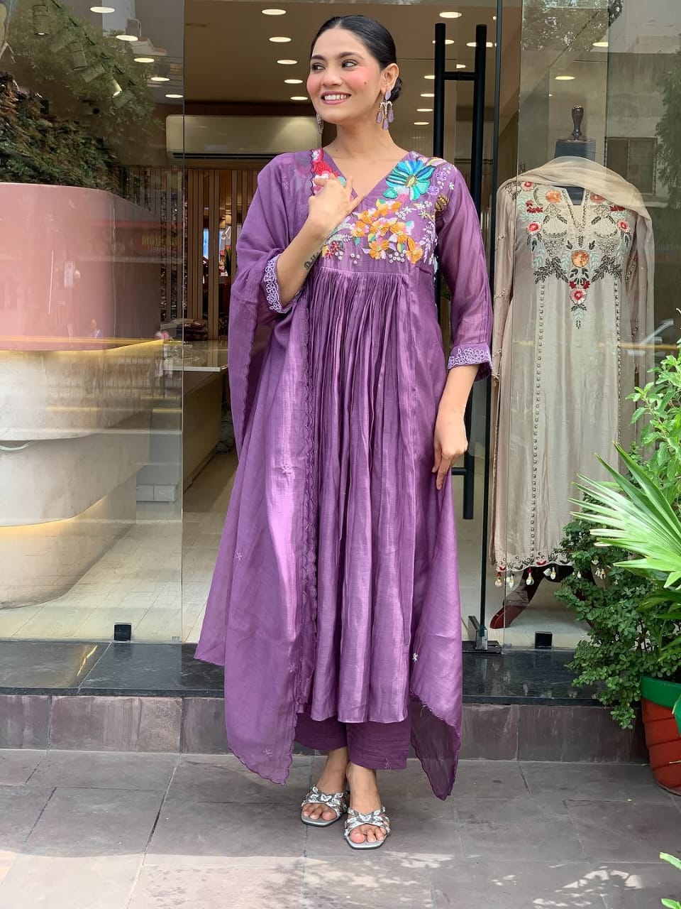 Women Purple Cotton Embroidery Hand work Detailing Kurta Pant and Dupatta set