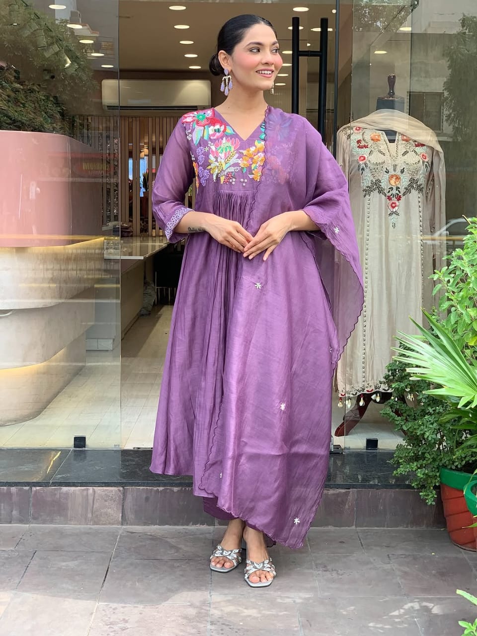 Women Purple Cotton Embroidery Hand work Detailing Kurta Pant and Dupatta set