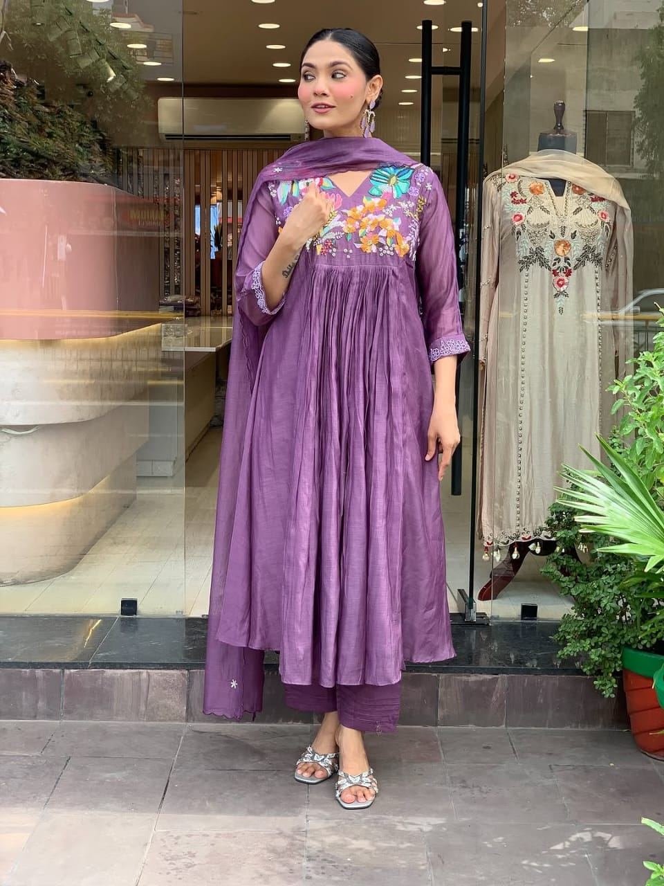 Women Purple Cotton Embroidery Hand work Detailing Kurta Pant and Dupatta set