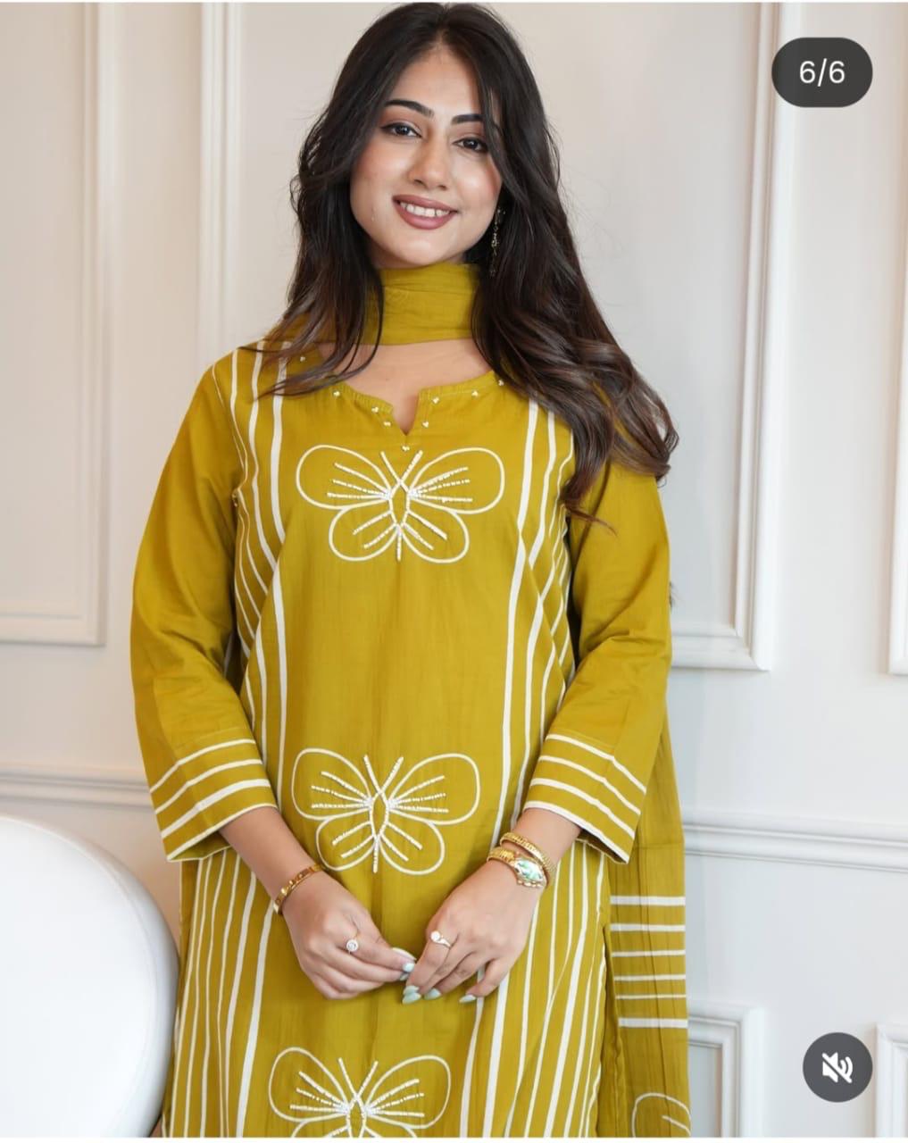 Women Yellow Cotton Butterfly Moti Kurta Pant and Dupatta set