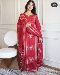 Women Red Cotton Butterfly Moti Kurta Pant and Dupatta set