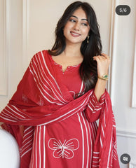 Women Red Cotton Butterfly Moti Kurta Pant and Dupatta set
