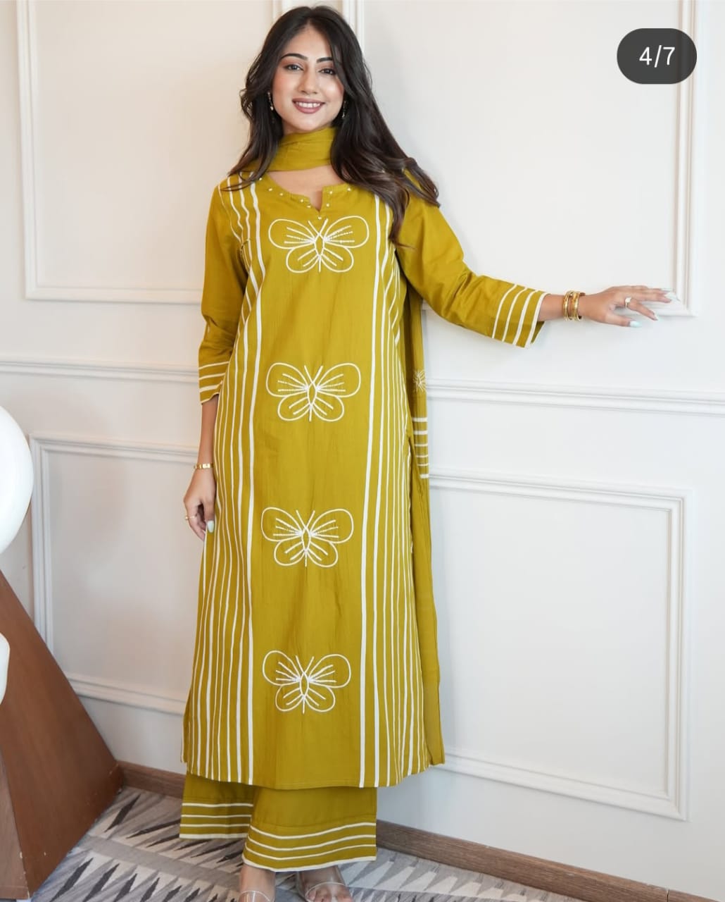 Women Yellow Cotton Butterfly Moti Kurta Pant and Dupatta set