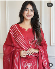 Women Red Cotton Butterfly Moti Kurta Pant and Dupatta set