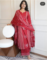 Women Red Cotton Butterfly Moti Kurta Pant and Dupatta set