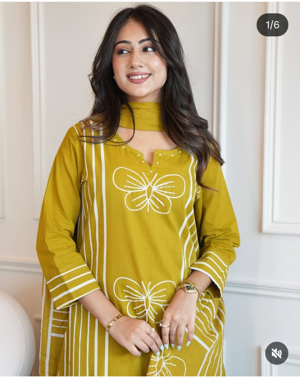 Women Yellow Cotton Butterfly Moti Kurta Pant and Dupatta set